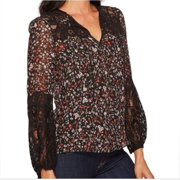 Rebecca Taylor ‘Lyra’ Red Floral Black Lace Pintuck Silk Blouse Women’s Size 00 - Picture 1 of 15